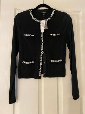 J. Crew Black Jewel-Embellished Crewneck Cardigan top